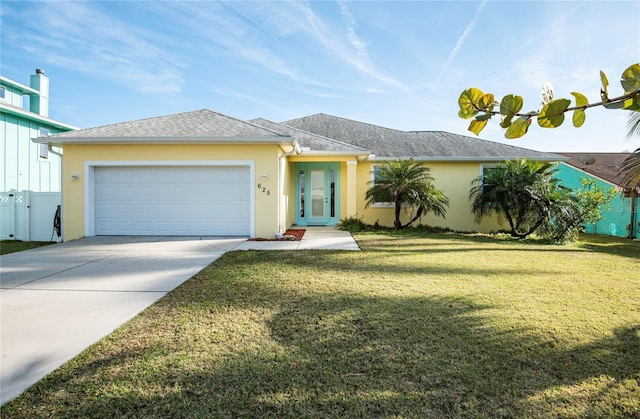 single story home with a garage and a front lawn