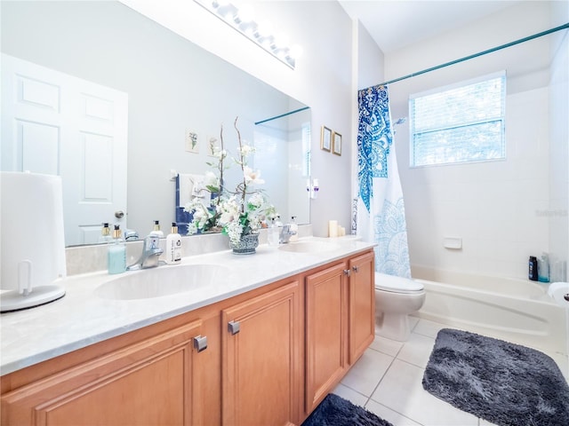 full bathroom with shower / bath combination with curtain, tile patterned floors, toilet, and vanity