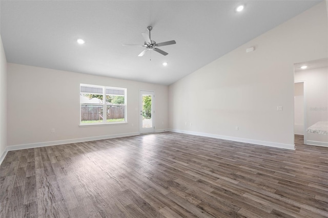 15 Serene Pl, Palm Coast, FL 32164 - unfurnished room with a ceiling fan, wood finished floors, recessed lighting, baseboards, and high vaulted ceiling