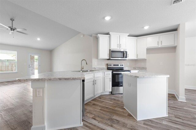 15 Serene Pl, Palm Coast, FL 32164 - kitchen featuring appliances with stainless steel finishes, a sink, a peninsula, light wood-style flooring, and a ceiling fan