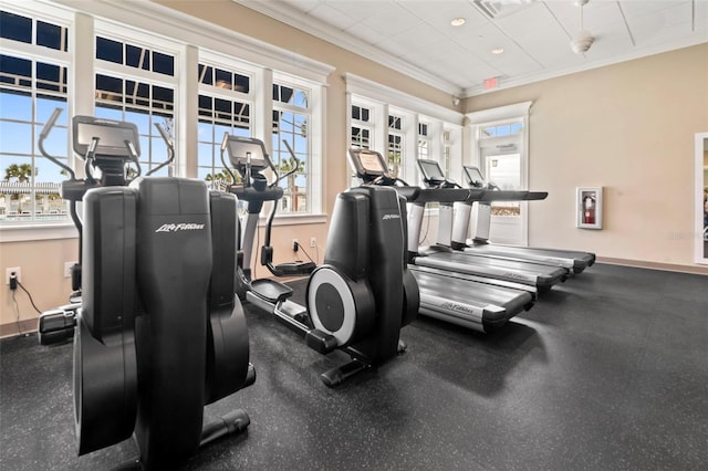 gym with recessed lighting, baseboards, and crown molding