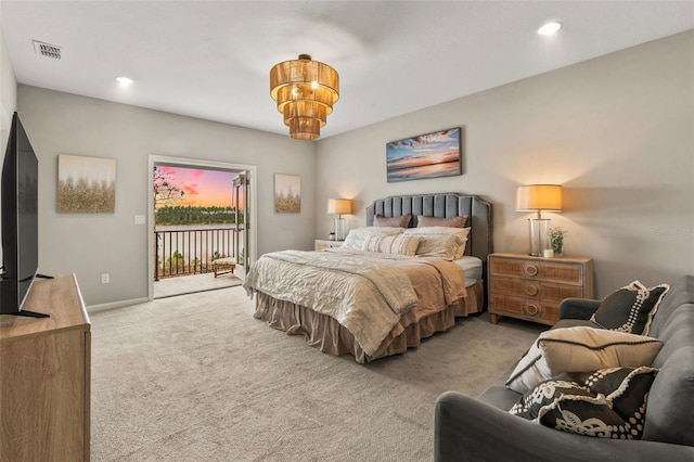 bedroom featuring recessed lighting, visible vents, carpet flooring, and access to outside