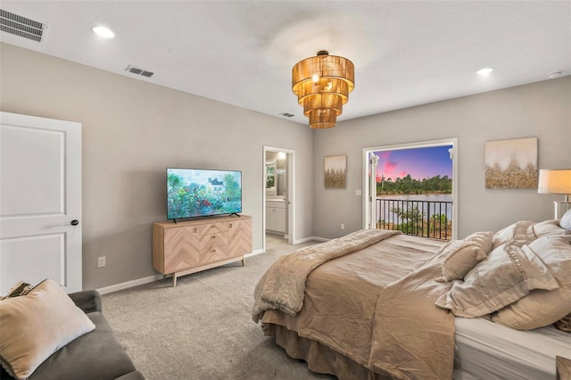 bedroom featuring light carpet, visible vents, baseboards, and access to outside