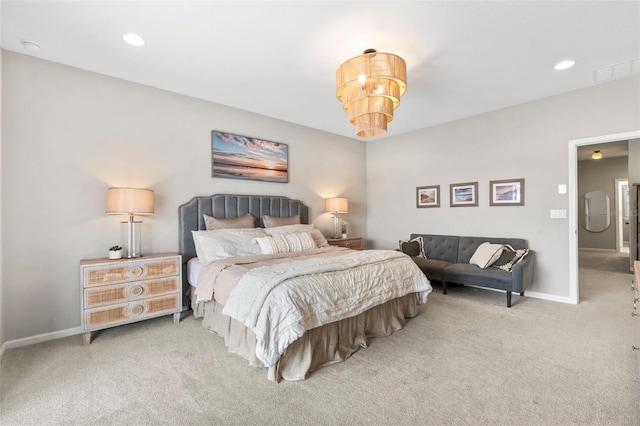 bedroom featuring recessed lighting, carpet, baseboards, and a chandelier