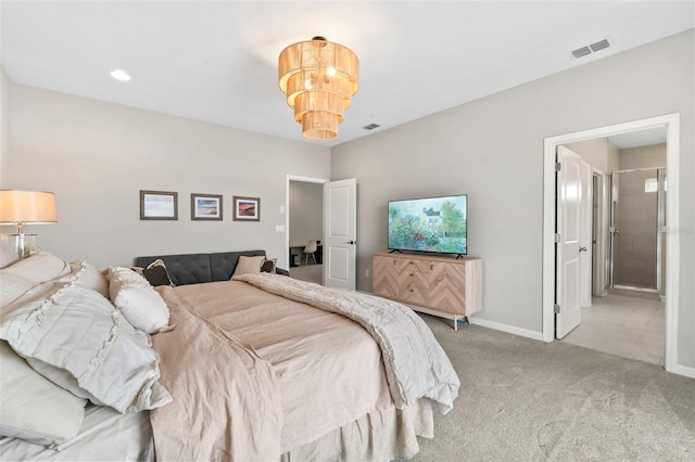 bedroom featuring visible vents, baseboards, a notable chandelier, and carpet flooring