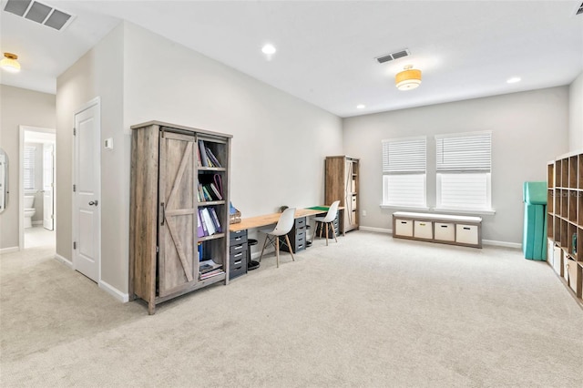 home office featuring recessed lighting, visible vents, baseboards, and carpet