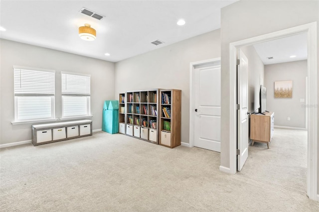 playroom featuring recessed lighting, visible vents, baseboards, and light colored carpet