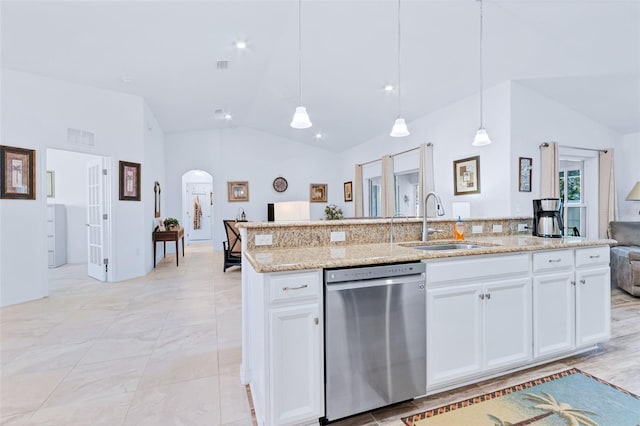 kitchen with pendant lighting, white cabinets, sink, and dishwasher