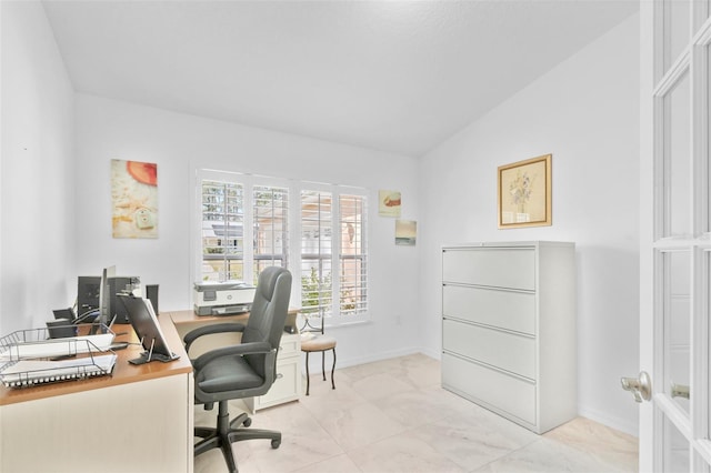 office space featuring vaulted ceiling