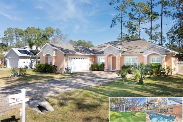 ranch-style home with a garage and a front lawn