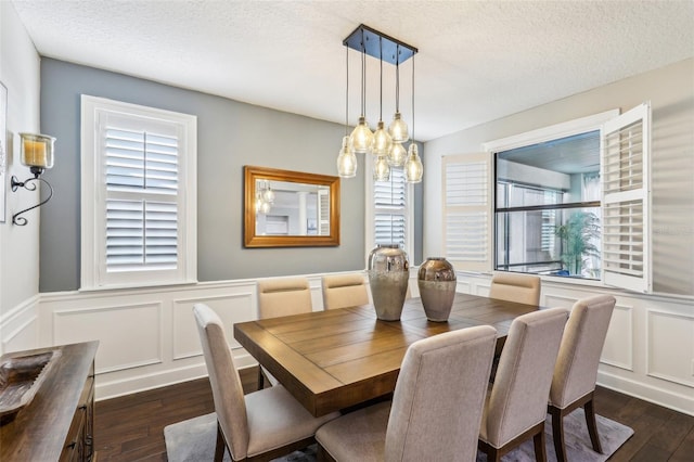 dining area featuring dark wood finished floors, a wainscoted wall, and a textured ceiling