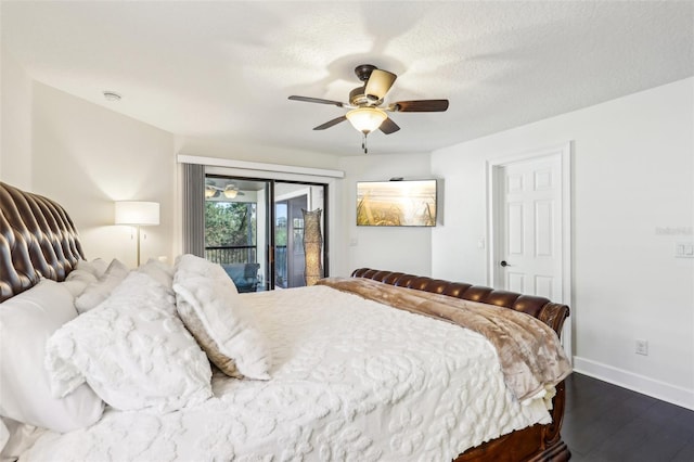 bedroom with baseboards, ceiling fan, access to outside, a textured ceiling, and dark wood-style flooring