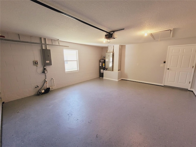 garage with a garage door opener, electric panel, and water heater