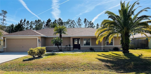 ranch-style home featuring a garage and a front yard