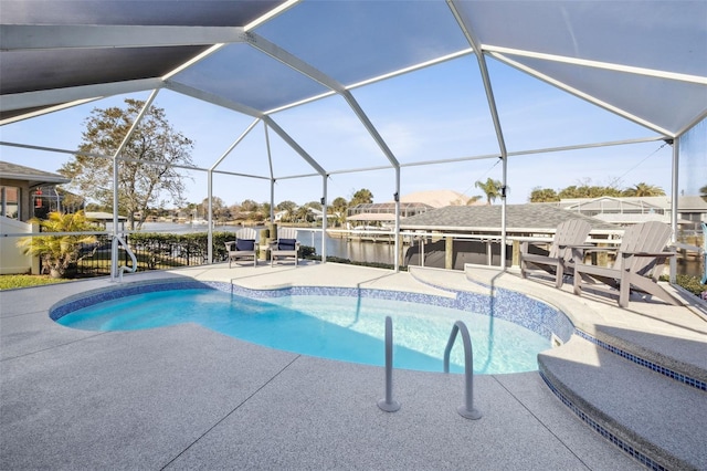 view of pool with a water view, a patio, and a lanai