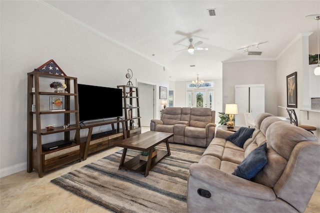 living room featuring crown molding and ceiling fan with notable chandelier