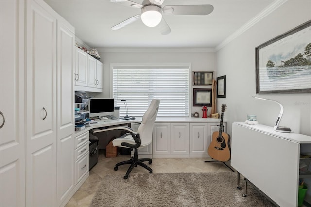 office space with crown molding and ceiling fan