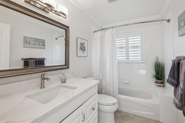 full bathroom featuring crown molding, tile patterned flooring, shower / tub combo, vanity, and toilet