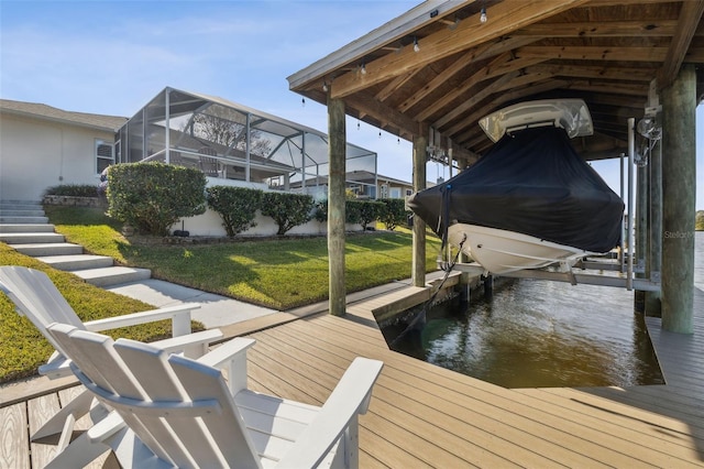 view of dock featuring glass enclosure and a lawn