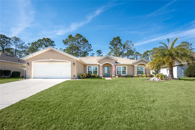 ranch-style home with a garage and a front yard