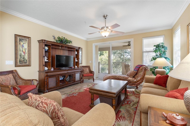 tiled living room featuring ceiling fan and ornamental molding