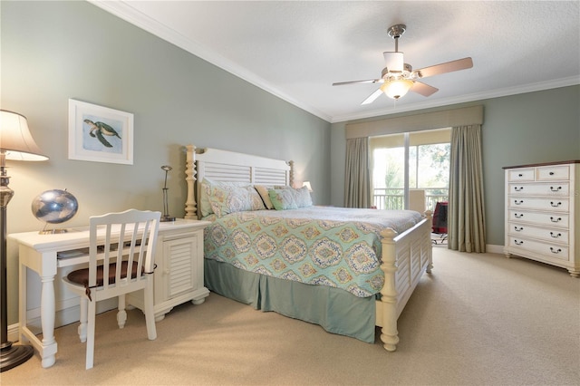 bedroom featuring crown molding, access to outside, light colored carpet, and ceiling fan