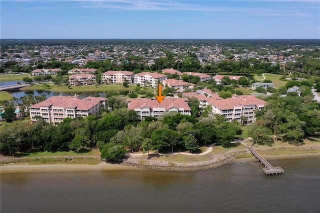 bird's eye view with a water view