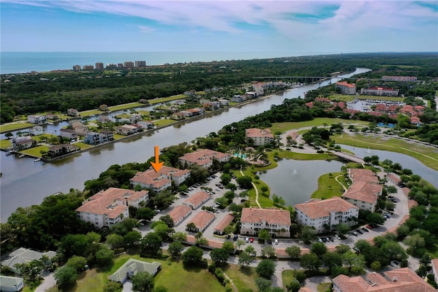 aerial view featuring a water view