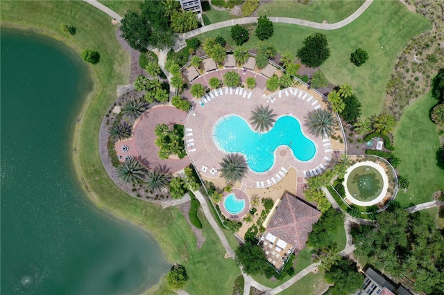 drone / aerial view with a water view