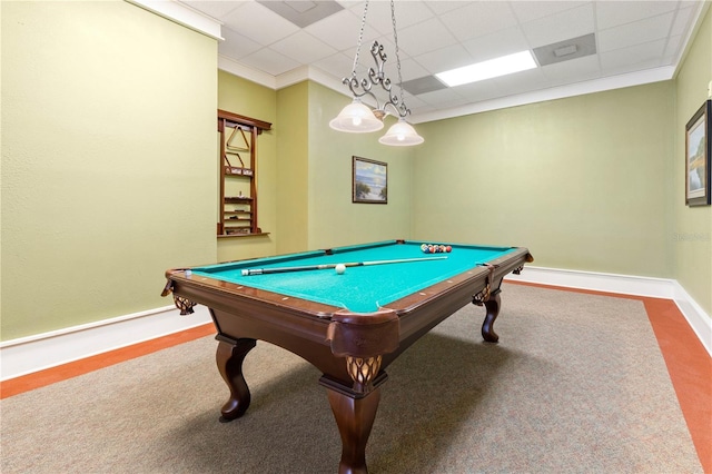 playroom with crown molding, carpet floors, a paneled ceiling, and billiards