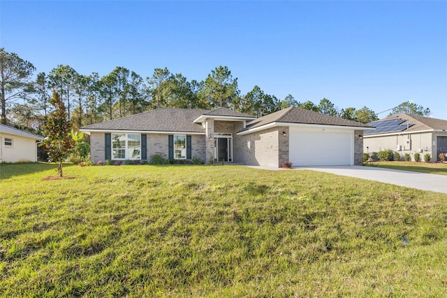 ranch-style home with a garage and a front lawn