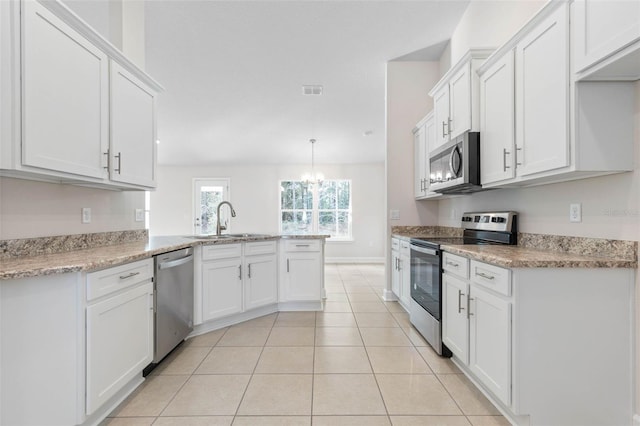 kitchen featuring sink, appliances with stainless steel finishes, white cabinets, decorative light fixtures, and kitchen peninsula