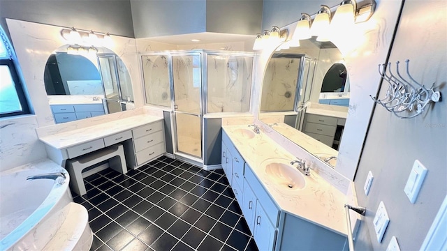 bathroom with vanity, separate shower and tub, and tile patterned flooring