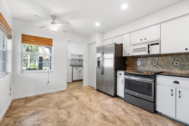 kitchen featuring white cabinetry, backsplash, ceiling fan, and appliances with stainless steel finishes