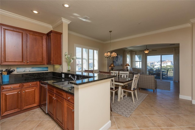 kitchen with sink, dark stone countertops, stainless steel dishwasher, kitchen peninsula, and a healthy amount of sunlight