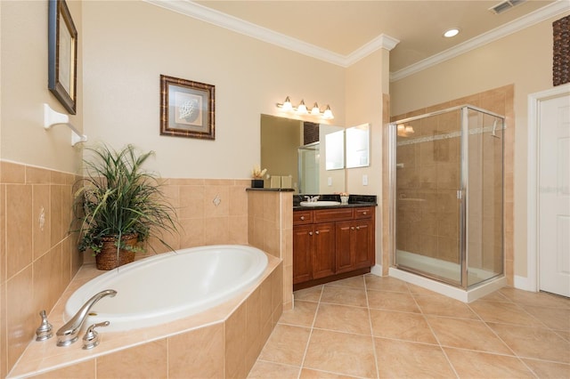 bathroom with crown molding, tile patterned floors, vanity, and plus walk in shower