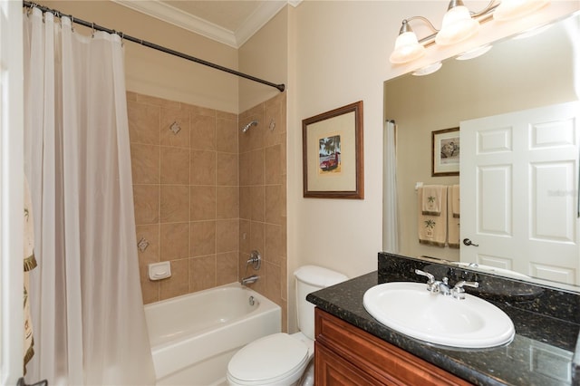 full bathroom featuring ornamental molding, toilet, shower / tub combo, and vanity