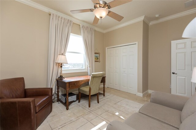 carpeted home office with ornamental molding and ceiling fan