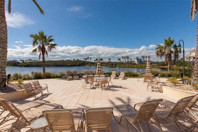 view of patio / terrace featuring a water view