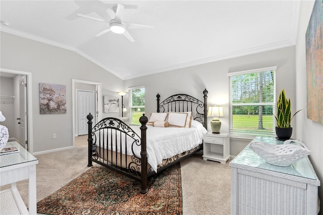 carpeted bedroom with multiple windows, vaulted ceiling, ornamental molding, and ceiling fan