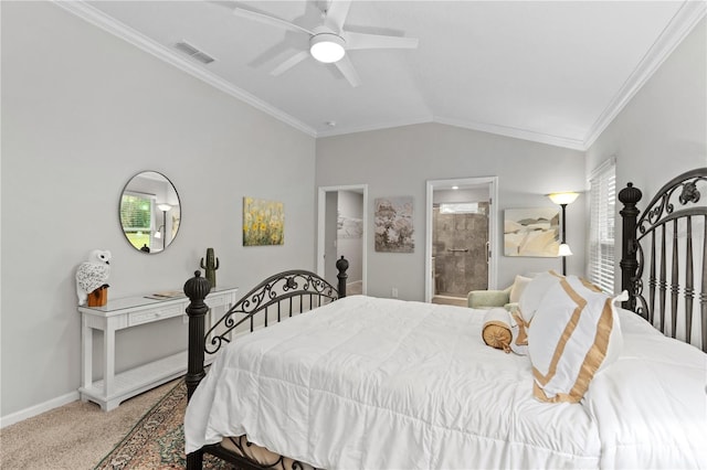 bedroom featuring ensuite bath, vaulted ceiling, ornamental molding, carpet flooring, and ceiling fan