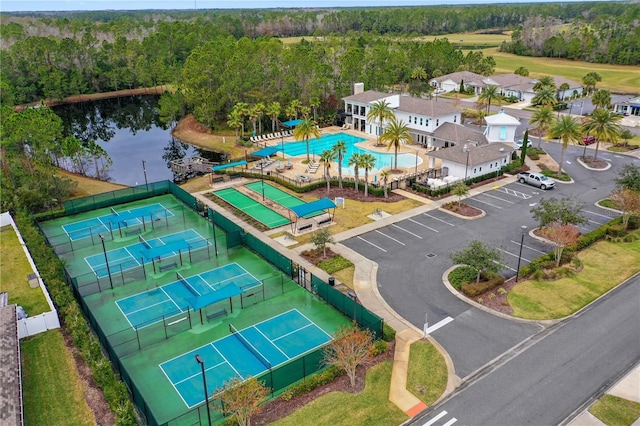 drone / aerial view with a water view