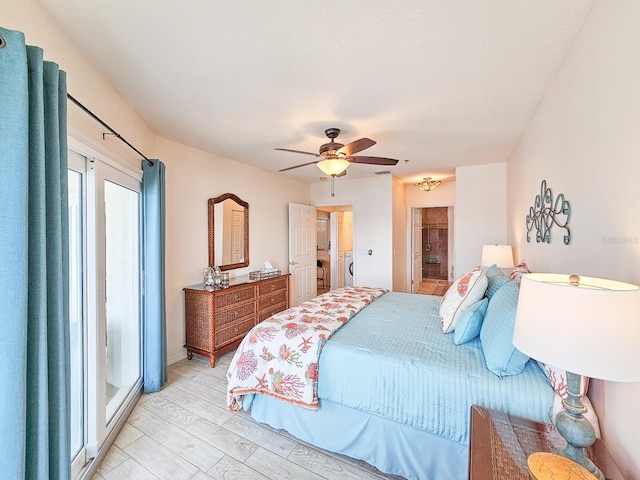 bedroom with ensuite bathroom, ceiling fan, and light hardwood / wood-style flooring