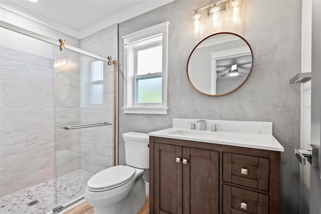 bathroom featuring vanity, toilet, and walk in shower