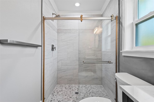 bathroom with vanity, a shower with shower door, and toilet