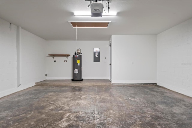 garage featuring a garage door opener, electric water heater, and electric panel