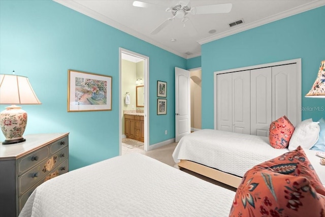 bedroom with baseboards, visible vents, light colored carpet, crown molding, and a closet