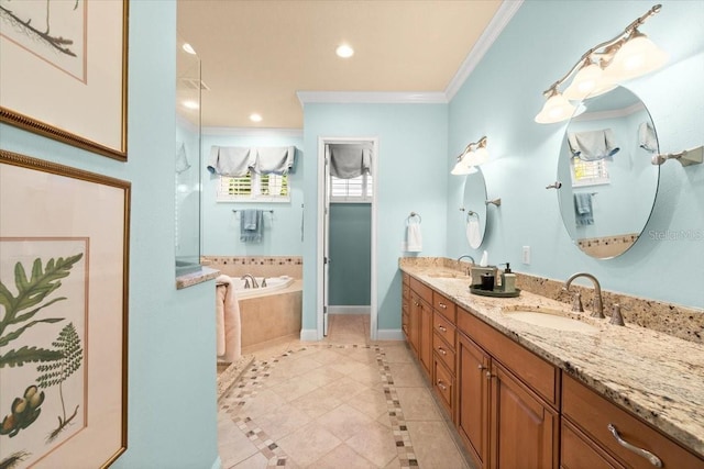 full bath with a garden tub, ornamental molding, a sink, and baseboards