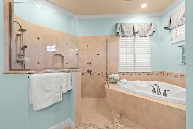 full bathroom featuring a garden tub, visible vents, ornamental molding, and a walk in shower