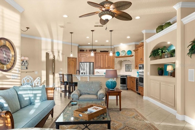 living room with light tile patterned floors, visible vents, ornamental molding, and recessed lighting